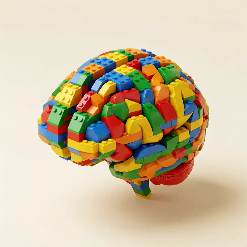 Creier construit din piese de LEGO colorate: fiecare minte e construită diferit